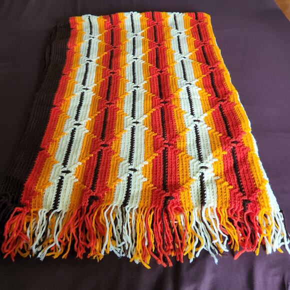 1970s Handmade Crocheted "Sunset Fringe" Geometric-Striped Afghan Throw Blanket - Picture 1 of 5